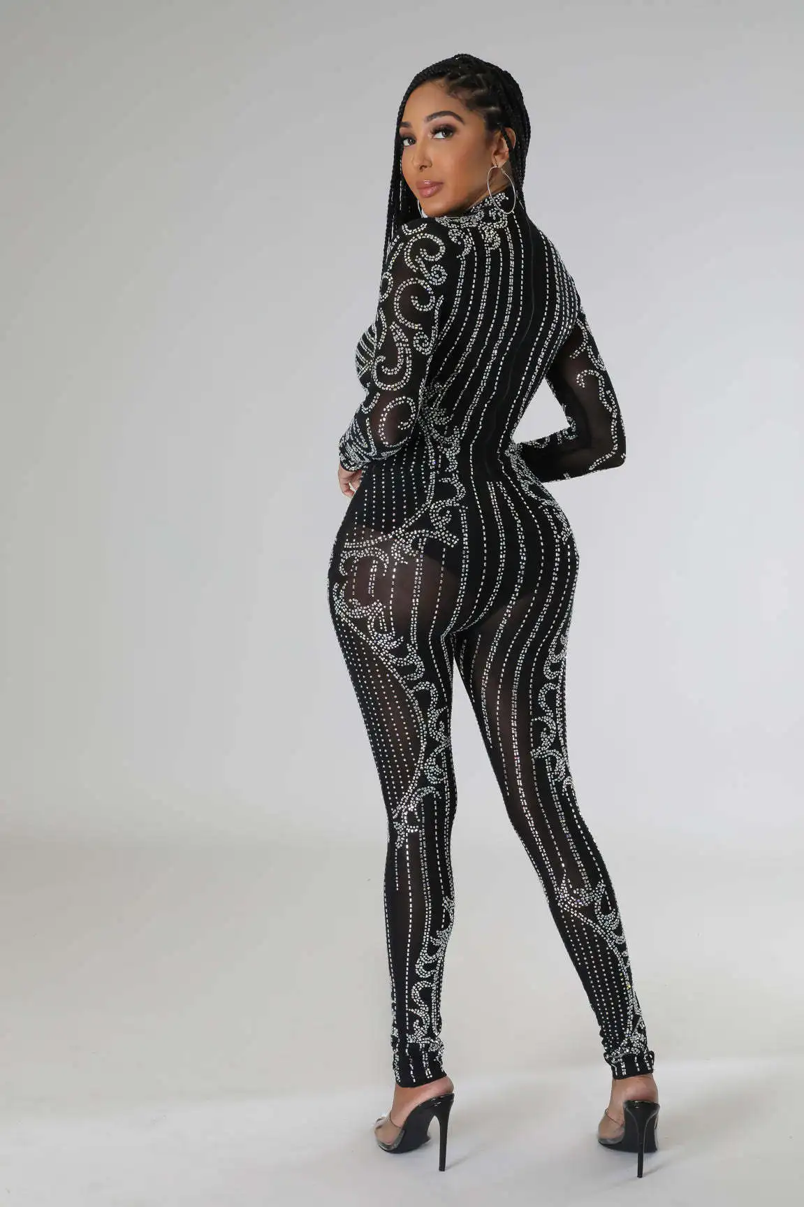 Perspective Hot Diamond Long Sleeve Party Nightclub Jumpsuit