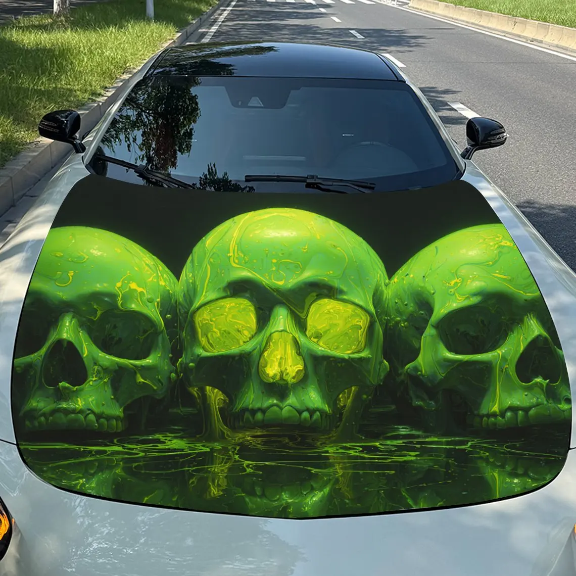 

Three Eerie Green Skulls Vinyl Wraps For Car Hoods, Waterproof PVC Decals For Car Bonnet, Self-Adhesive Stickers That Resist Scr