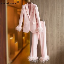 Elegant American Women Street Pink Feather 2 Pieces Pants Set Luxury Design Lady Quality Blazer Suits