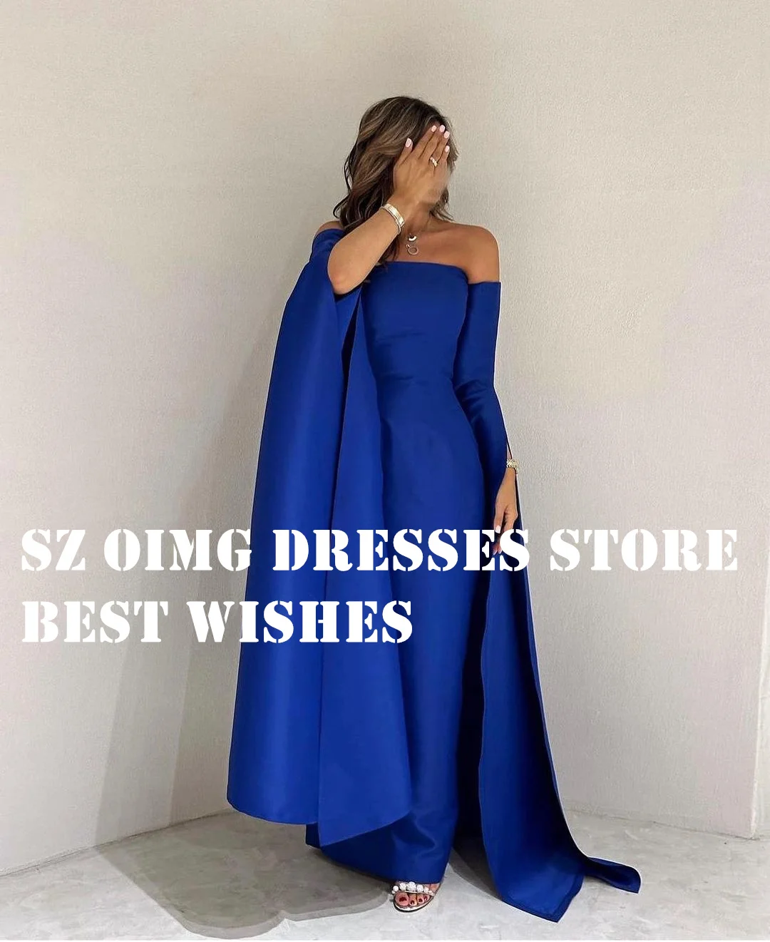 

OIMG Blue Prom Dresse Arabic Long Sleeves Ruched Floor Length Vintage Off the Shoulder Women Evening Gowns Formal Party Dress