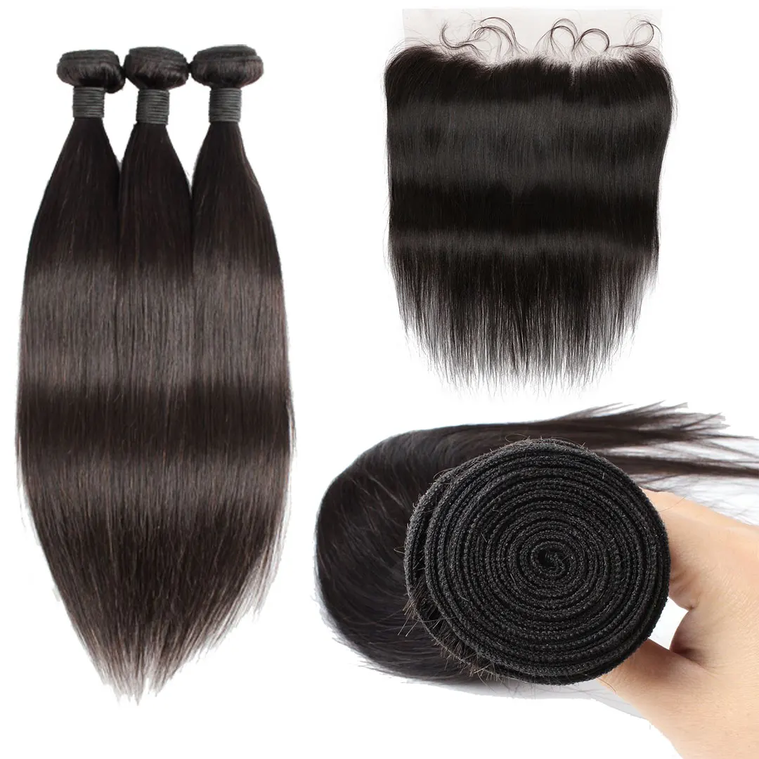 Bundles de cheveux humains raides avec fermeture, cheveux bruts brésiliens, faisceaux de tissage, 13x6, fermeture Kim profonde, 10-24 po