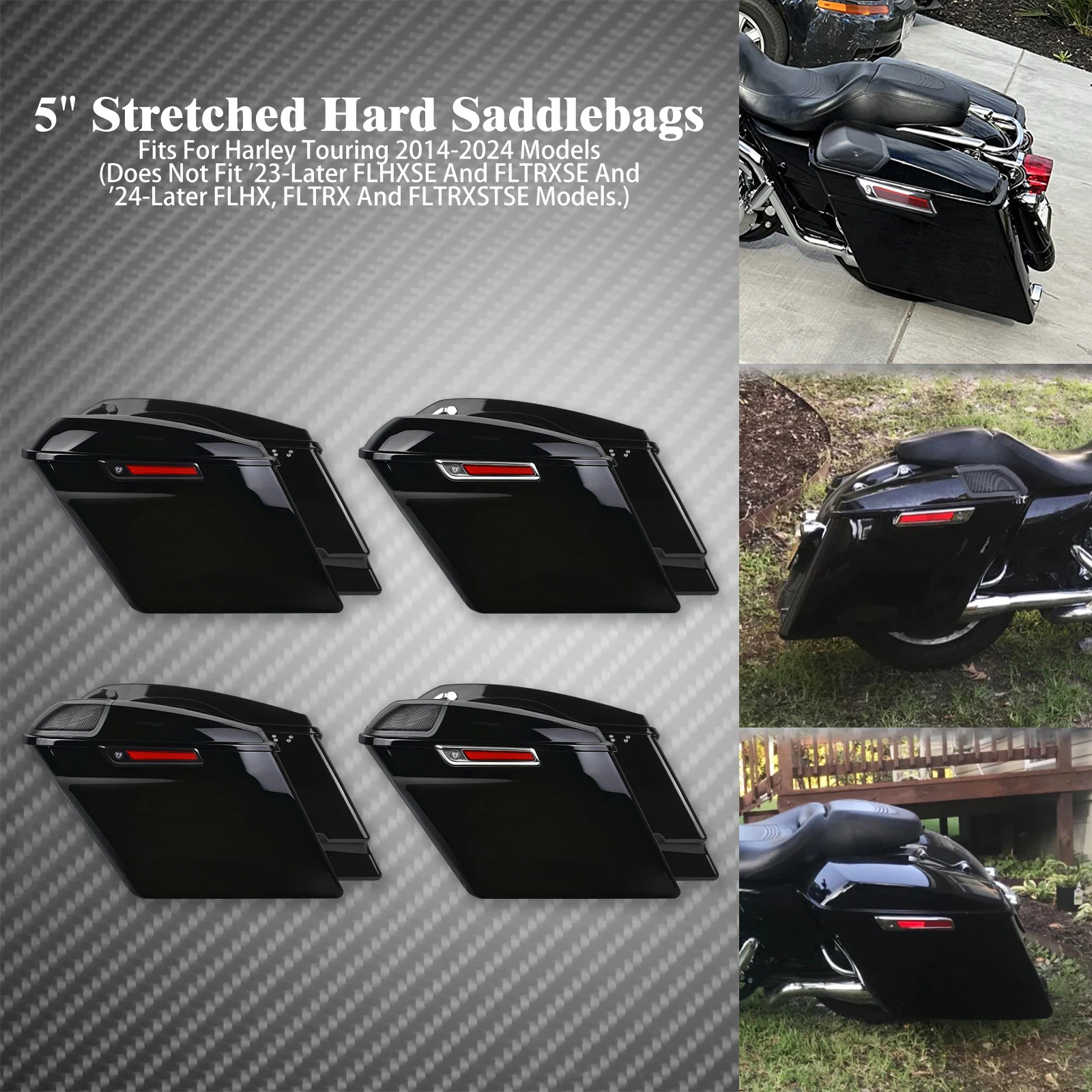 Motorcycle 5" Stretched Saddlebags With Lids Grills Luggage Hard Side Bags For Harley Touring 2014-2024 Road King Street Glide