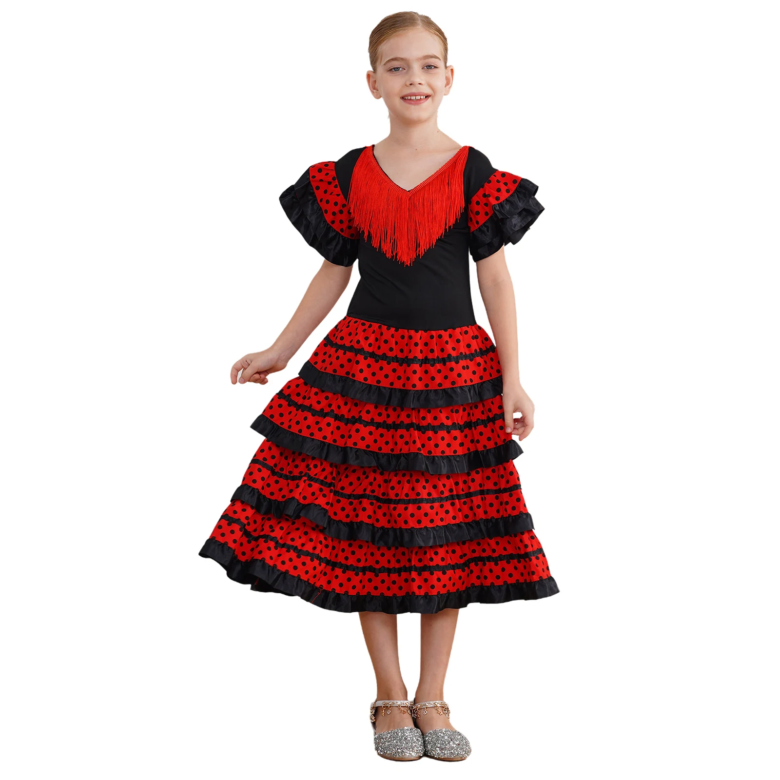 Traje de dança flamenca feminino, vestido espanhol de tutu extravagante, Gypsy Bull Dancewear para o Halloween, festa temática, vestir o palco