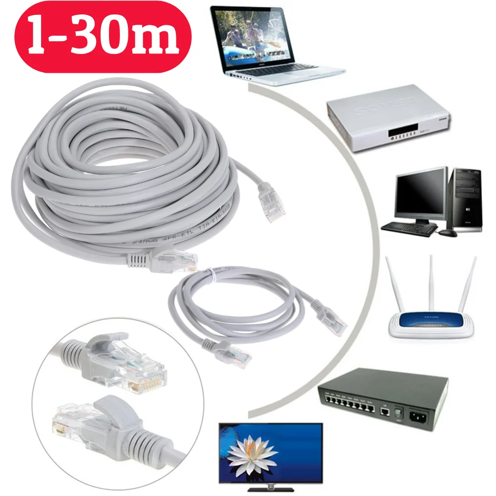 Cabo do computador roteador de alta velocidade, Internet Cord com conector RJ45, Rede Patch Cord para PC, 30-1m