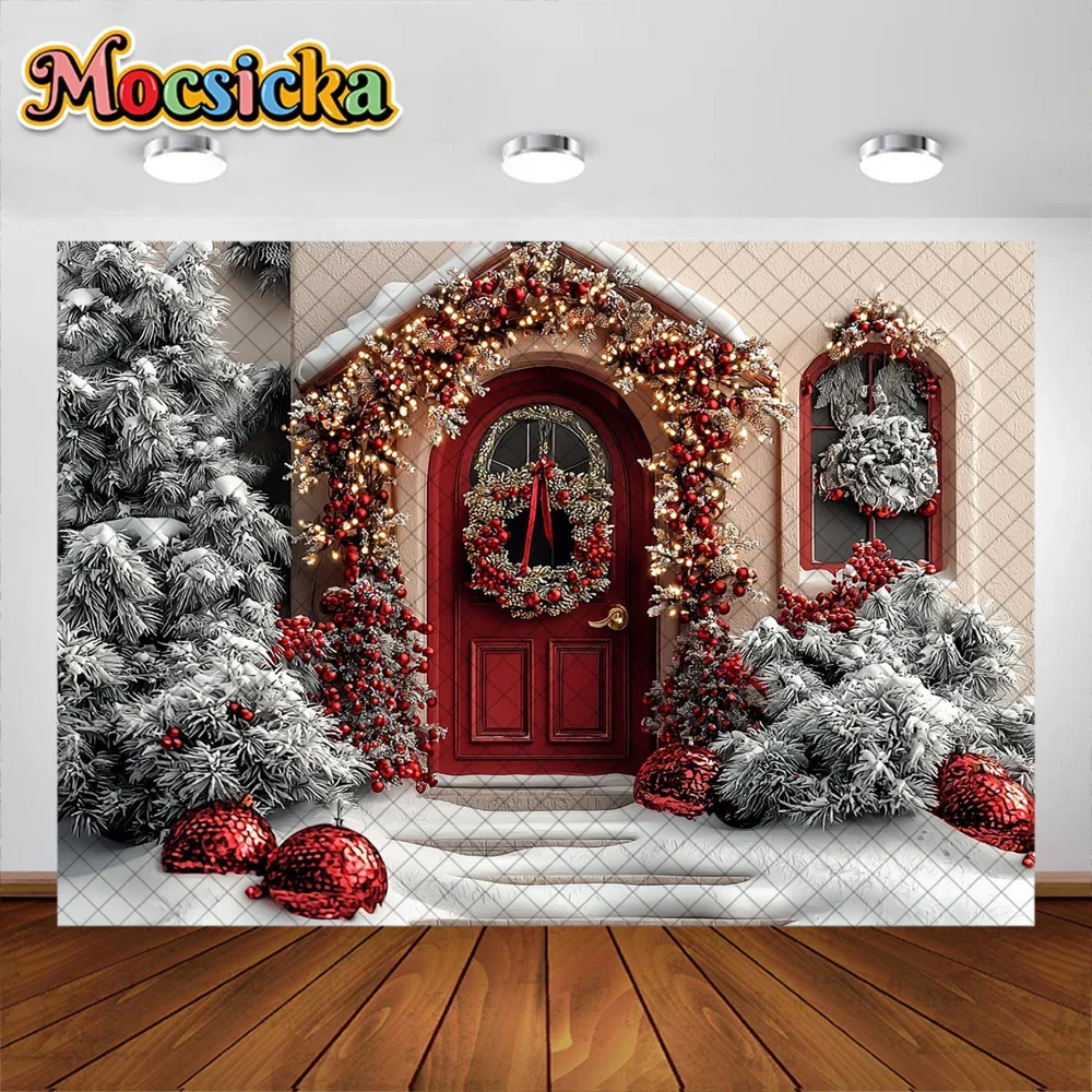 Mocsicka Photography Background Red House Christmas Tree Holiday Decoration Kids Photo Portrait Backdrops Studio Props Banner