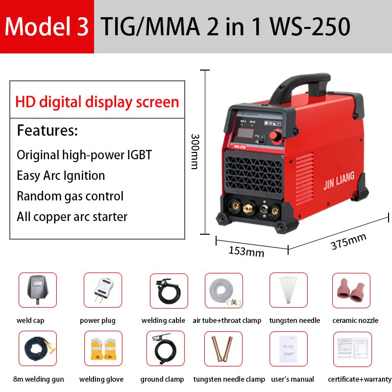 220V multifonctionnel en acier inoxydable TIG/MMA 2 en 1 soudeuse 250A IGBT onduleur Ac Dc fil de cuivre Argon Arc Machine de soudage WS-250
