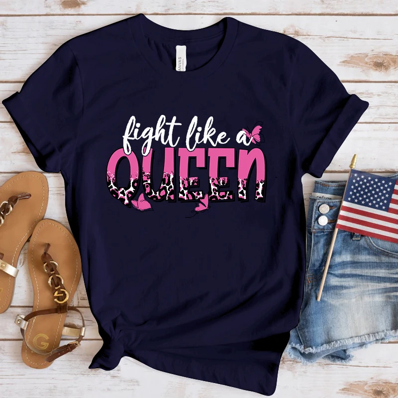 Fashion Breast Cancer Awareness Fight Like A Queen Printed T-Shirts Men Women Summer Casual Short Sleeved T-Shirts