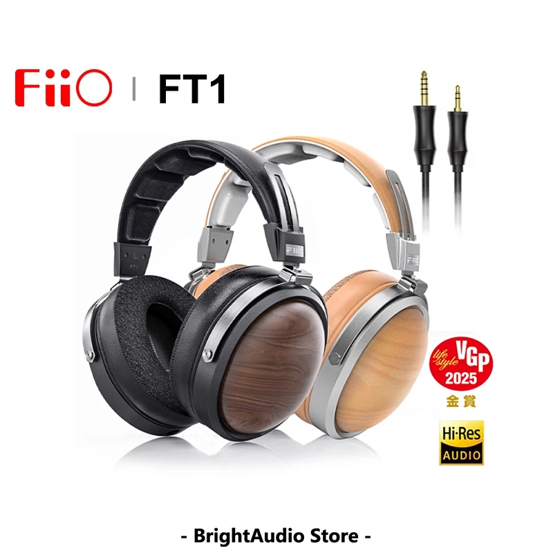 FiiO FT1 Closed-Back Over-Ear Headphone 60mm Dynamic Driver Hi-Res Audio Wired HiFi American Black Wood Ear Cups for Studio