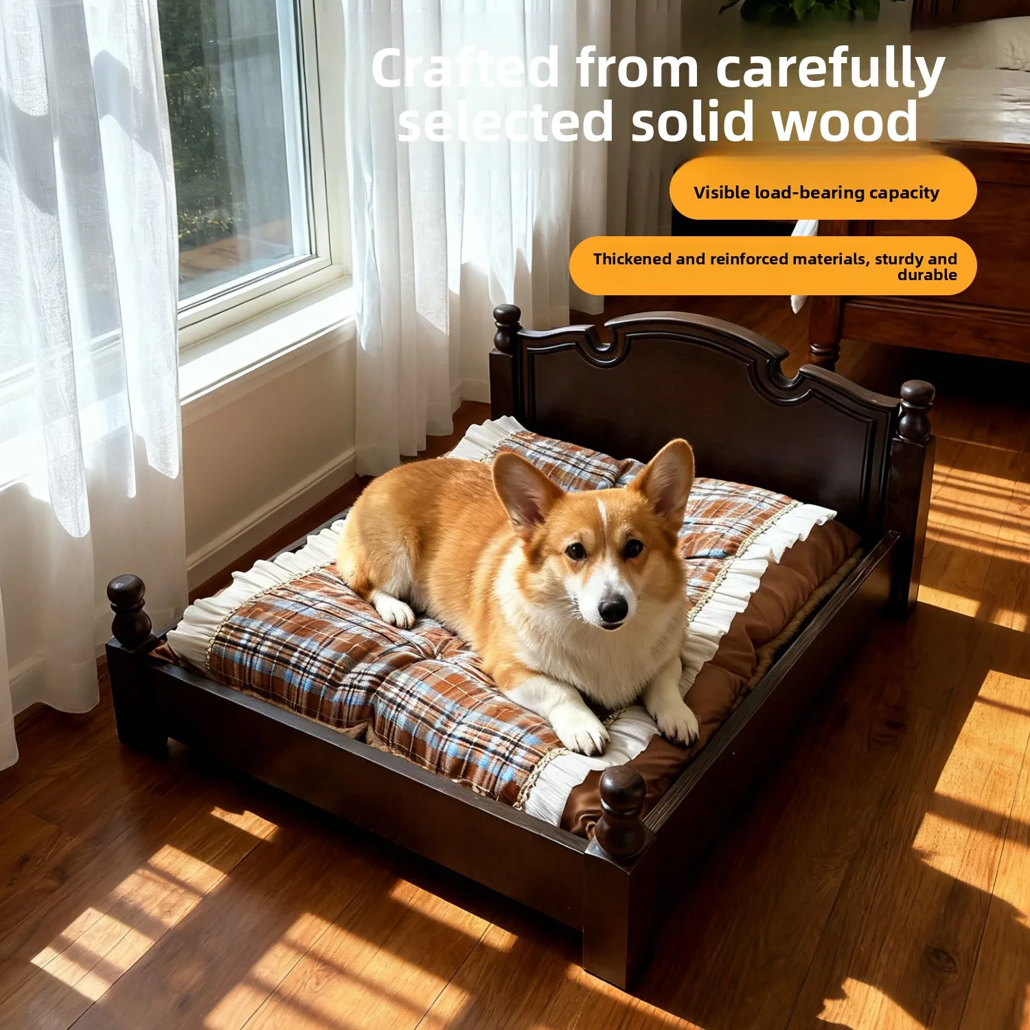 

Ретро-стиль: кровать для животных из массива дерева, роскошный диван-лежанка для кошек и собак со съемным матрасом, современная мебель для питомцев