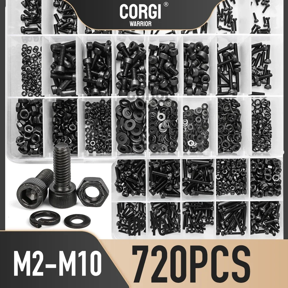 Up to 720 M2 M2.5 M3 M4 M5 M6 M8 M10 Metric Hex Socket Head Cap Screws Assortment Kit DIN912 Black 12.9 Bolt with Nuts Washers