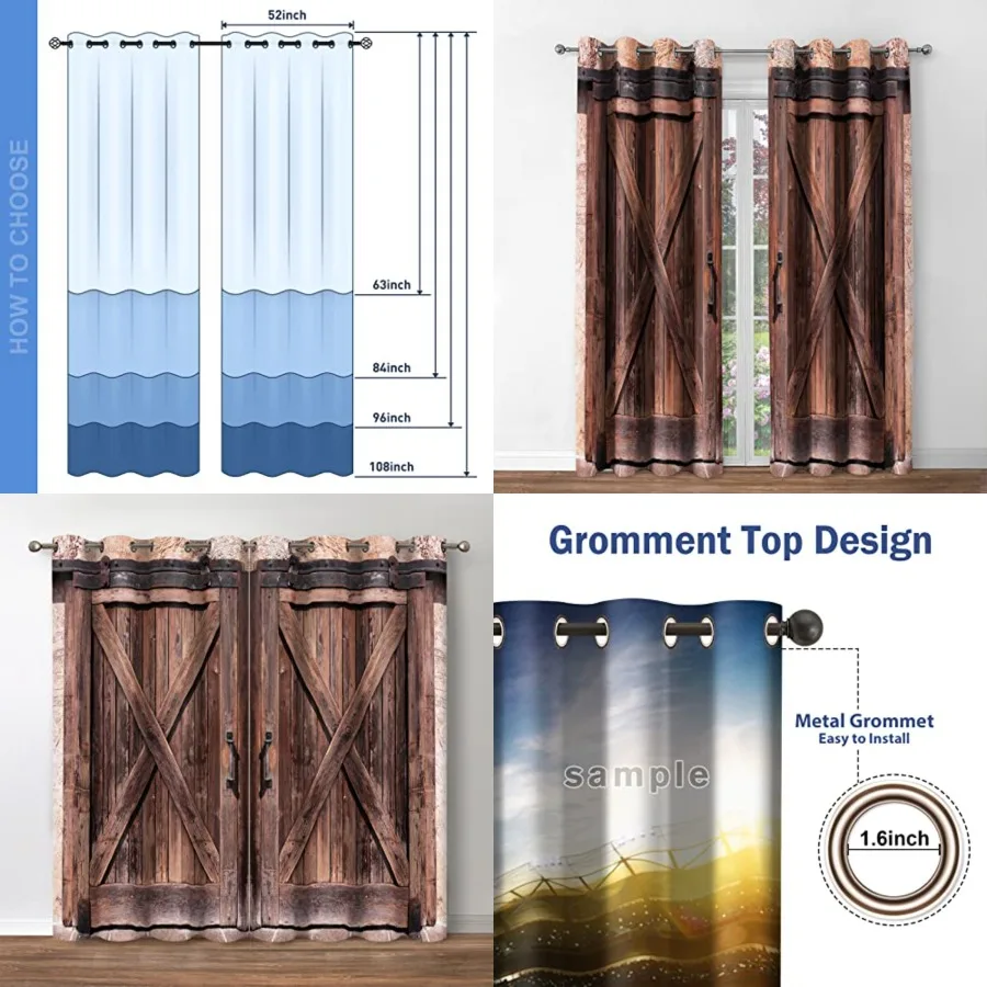 

Rustic Wood Blackout Curtains Farmhouse Vintage Brown Wooden Barn Door Decor Home Bedroom Living Darkening Grommet Window Drape