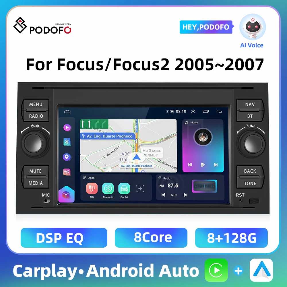 Podofo 8+128G 2din Car Radio For Ford Transit Fiesta Focus Galaxy Mondeo 7'' Carplay Android Auto WIFI DSP BT GPS Car Stereo