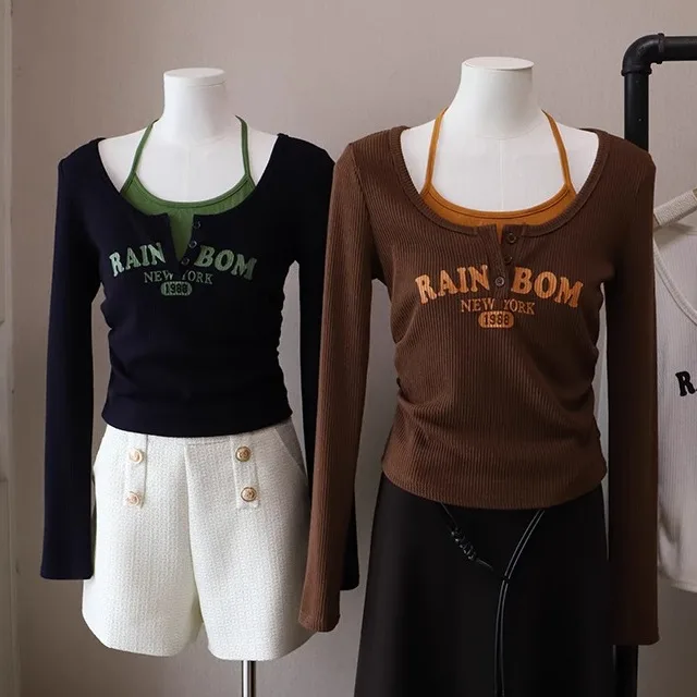 

Женская футболка с американским буквенным принтом Neline Long Sve ort, ранняя осень, новый утягивающий топ с колючками