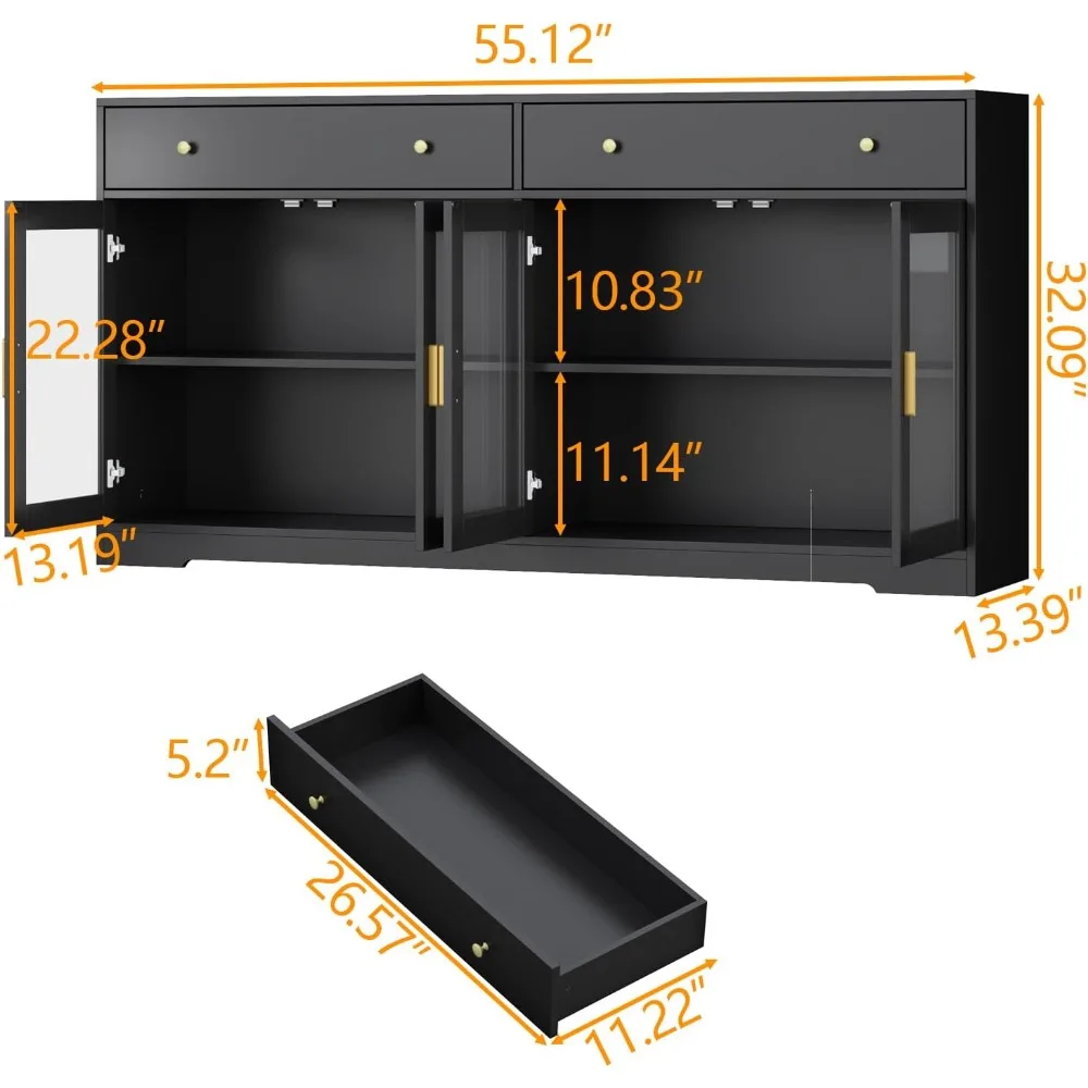 Dressoir buffetkast met LED-verlichting, 55,1 opbergkast met 2 grote lades en 4 glazen deuren, moderne keukendisplaykast