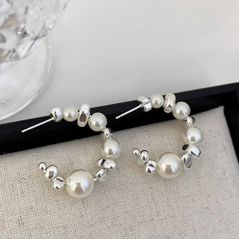 Geometry C Shape Drop Earrings Irregular Metal Beaded & Pearl Semicircular Dangle Earrings for Women Party Trendy Jewelry Gift