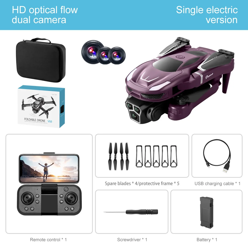 

Popular V68 drone with multiple batteries and high-definition three camera optical flow obstacle avoidance and stopping