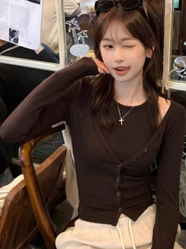 Korean Retro Asymmetric Long Sleeve Women's Slim Fit T-Shirt Two-Piece Set Fashionable City Walk High Waist round Neck Top
