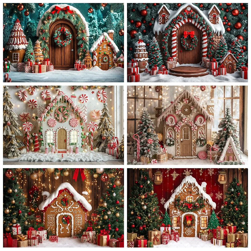 

Snowy Gingerbread House Photography Background Glitter Xmas Tree Lantern Gift Backdrop Booth Kid Winter Birthday Portrait Studio
