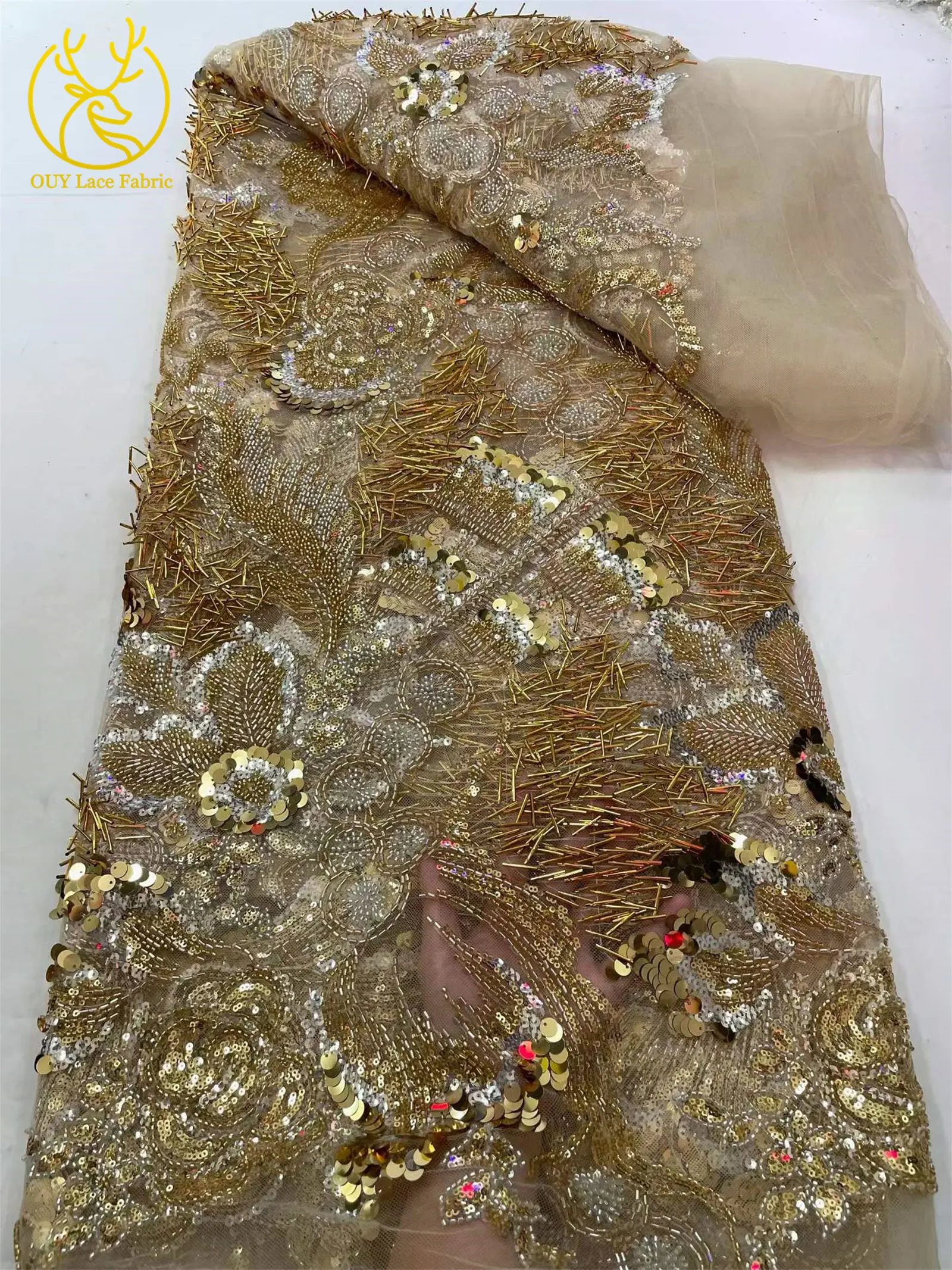 2026 Neuer Stil Luxuriöses Blumen-Perlen-Pailletten-Spitzendesign Hochwertiger Afrikanischer Spitzenstoff für Damen Hochzeitskleid Partykleid Nähen – Detail 6