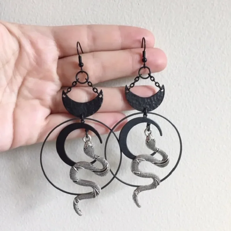 New Harvest Ritual Moon Snake Earrings Jewelry Wicca Big Snake Handmade Weird Darkness Women Gift Goth Statement Hallowee Grunge