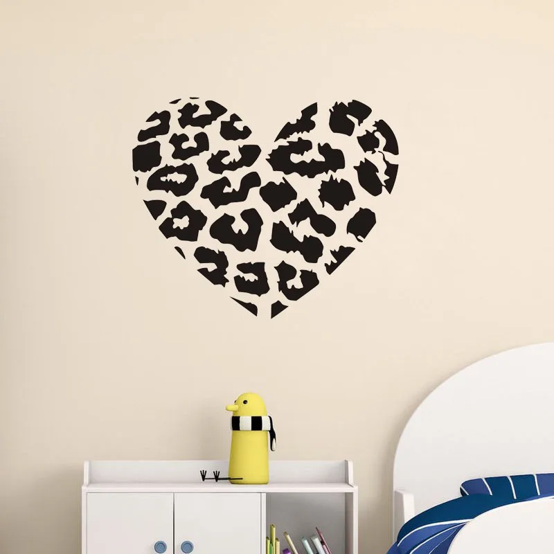Leopard Print Heart Wall Decal, Animal Spot Pattern Sticker for Girls Bedroom, Self-Adhesive Vinyl Home Decor Art Poster