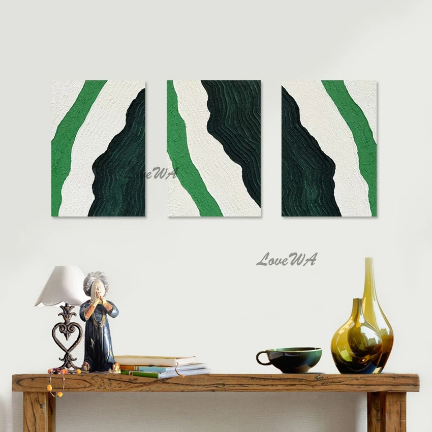 

Large Palette Knife Hand Painted Modern Art Green White Abstract Wall Picture Unframed 3PCS Thick Acrylic Texture Canvas Artwork