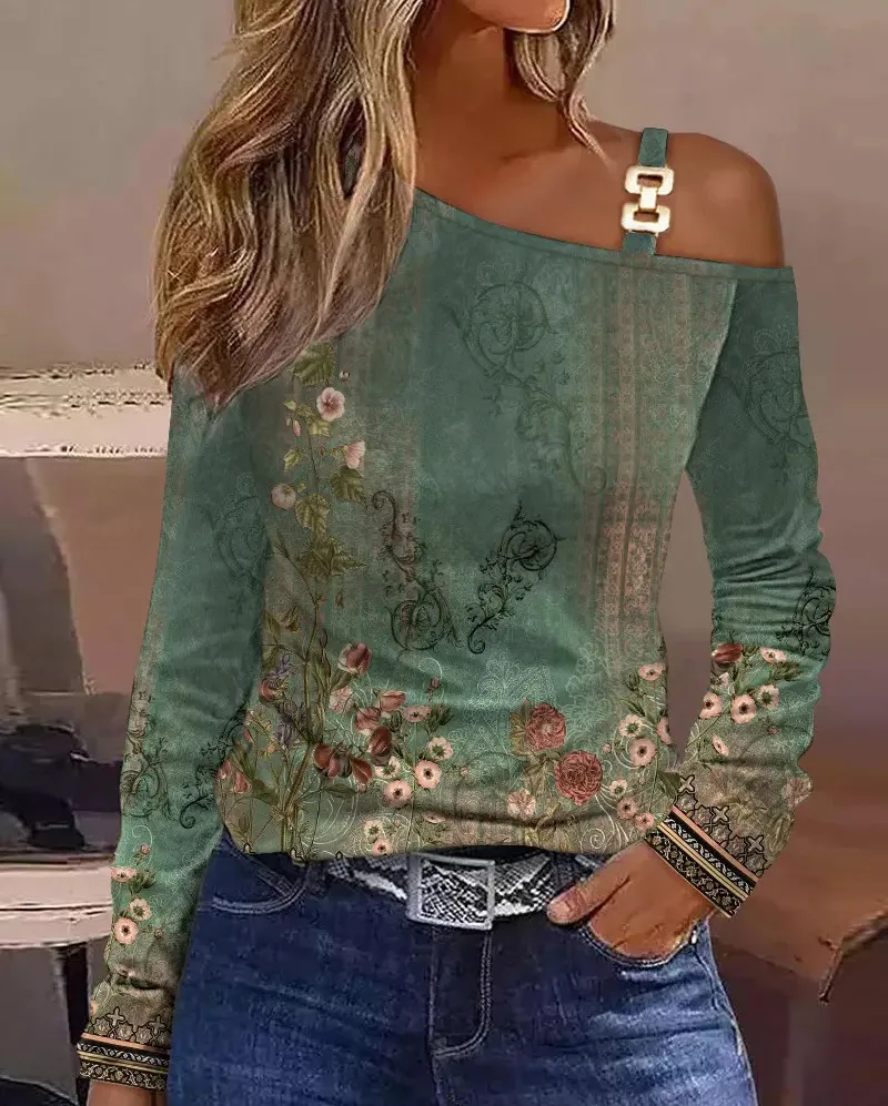 Camisa con hombros descubiertos y cadena para mujer, blusa informal de manga larga con estampado para mujer, Top con cuello oblicuo para oficina 2023