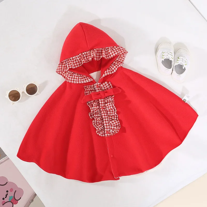 Girl Top New Autumn Winter Korean Fashion Style Tippet Baby Girl Thick Plaid Hooded Cape Childen Outerwear Kids Solid Clothes