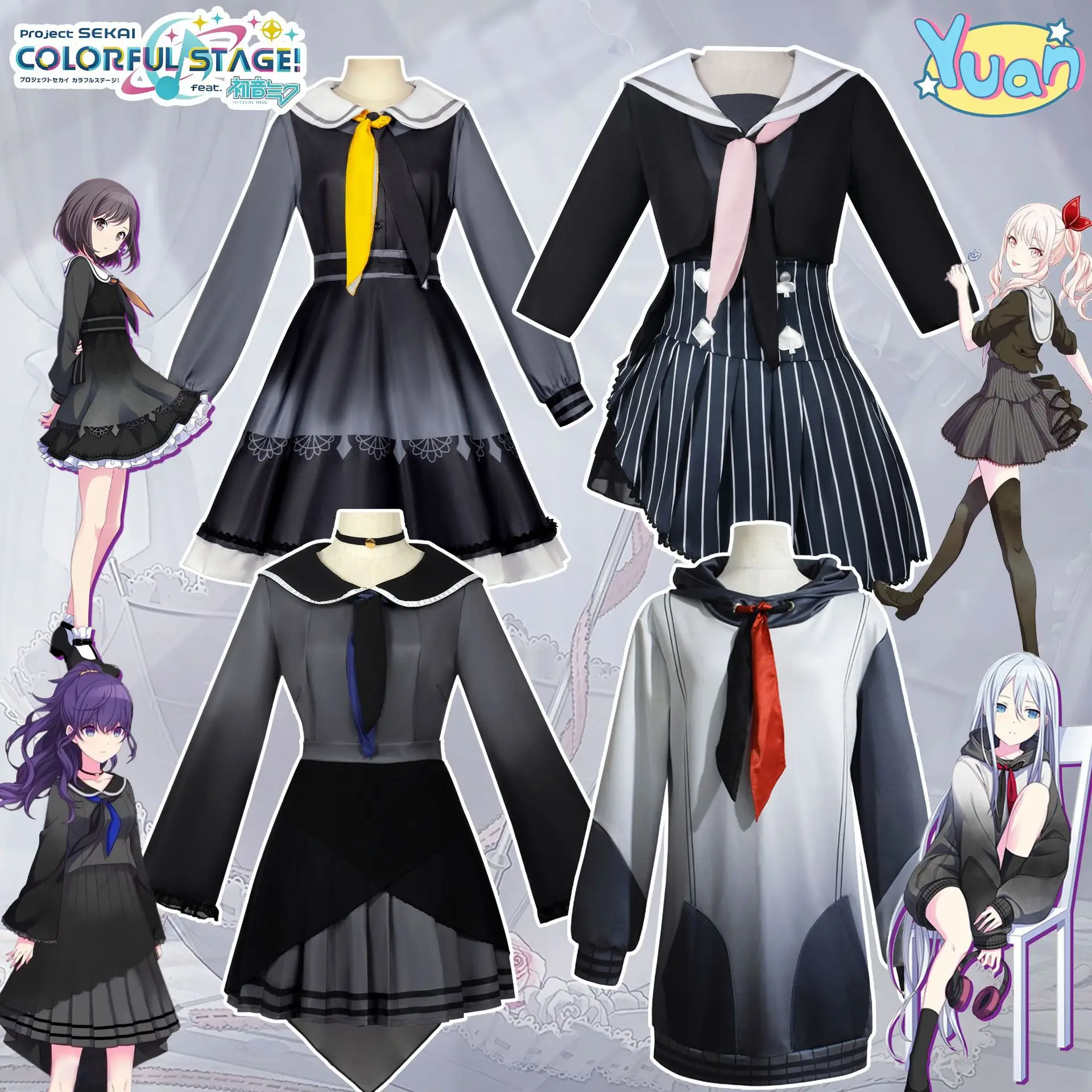 Disfraces de cosplay de Project Sekai: Mizuki Akiyama, Ena Fuyun, Mahina Asahina, Kanade Oki, trajes completos de cosplay y pelucas de personajes de anime.