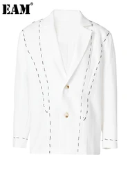 [EAM] Women White Topstitched Big Size Blazer New Lapel Long Sleeve Loose Fit Jacket Fashion Tide Spring Autumn 2024 2R689200