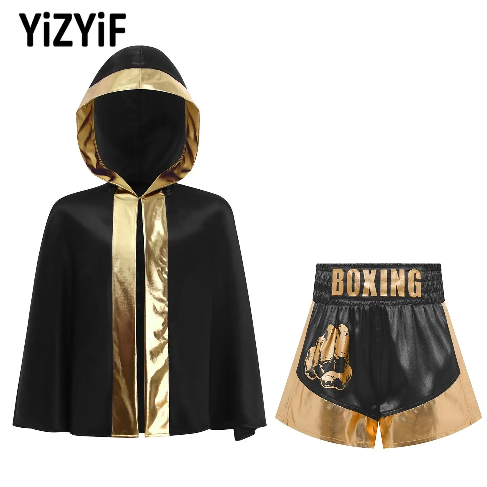 

Kids Boys Girls Boxing Training Outfit Muay Thai Clothes Hooded Cloak+Satin Shorts Unisex Gym Training Martial Arts Fight Suits