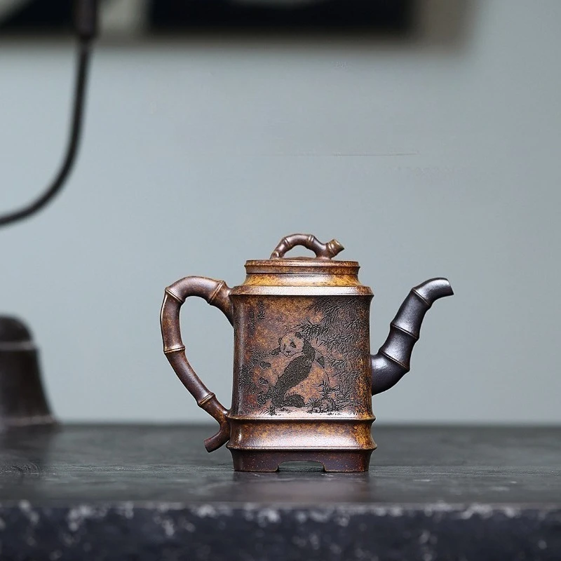 Panda Square Bamboo Segment Yixing Handmade Purple Clay Teapot, Raw Ore, Gold Sand,tea Pot, Kung Fu Tea Set 300ml