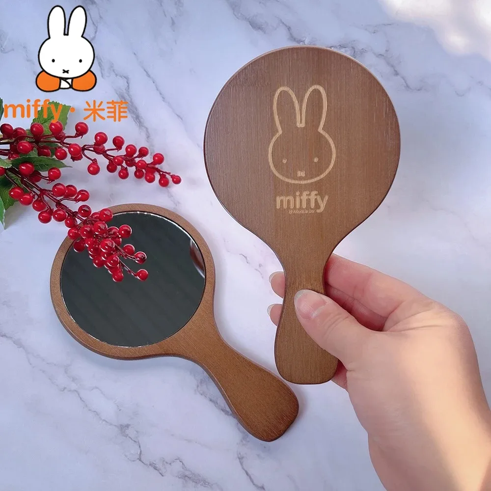 

Kawaii Miffys Handheld Mirror Cute Rabbit Portable Makeup Vanity Premium Bamboo Wooden HD Engraved Travel Cosmetic Tool Bag Girl