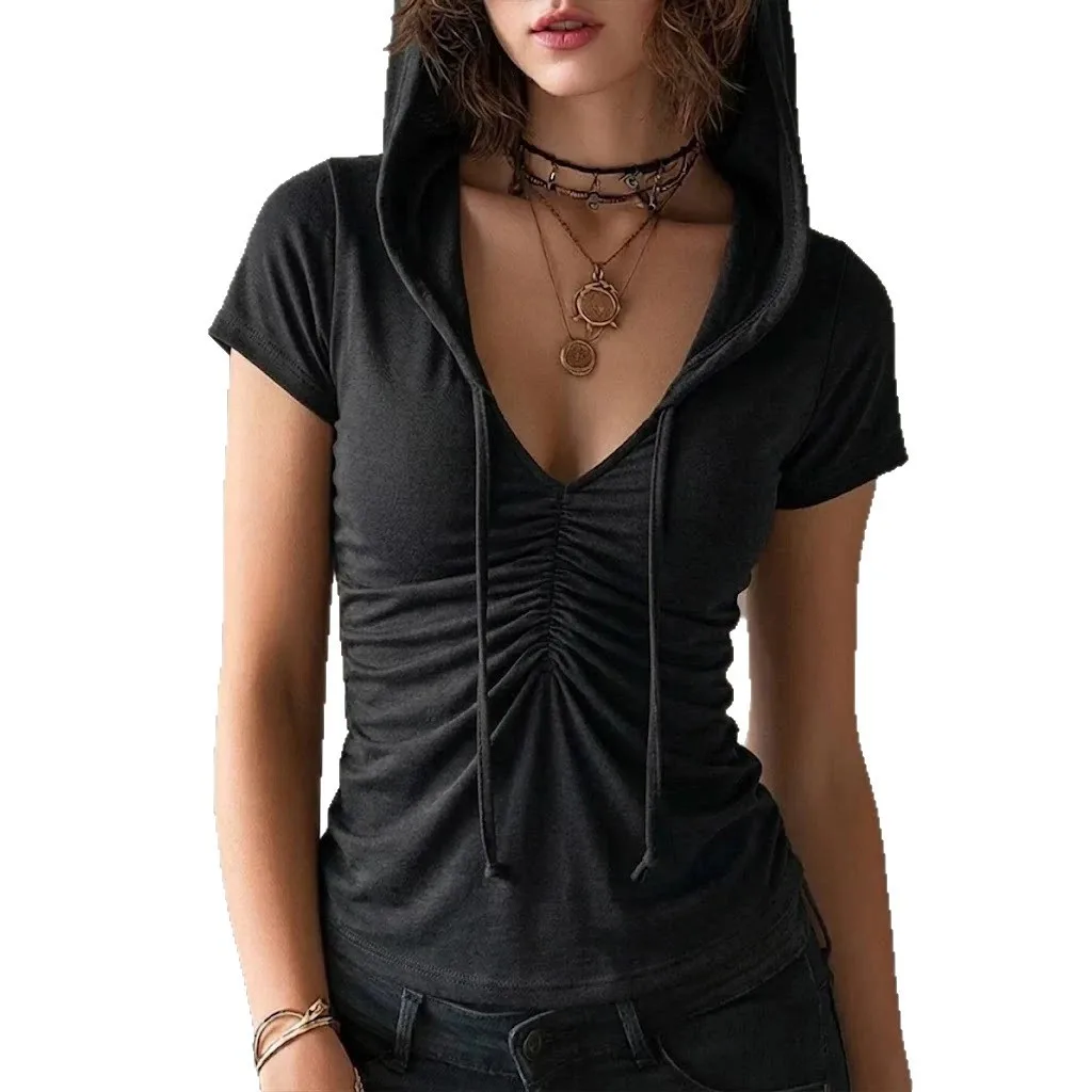 Short Sleeve T Shirt Women Clothes For Woman Cotton V Neck Ruched Solid Color T Shirts Cropped Slim Fit Tee Y2k Casual Hooded