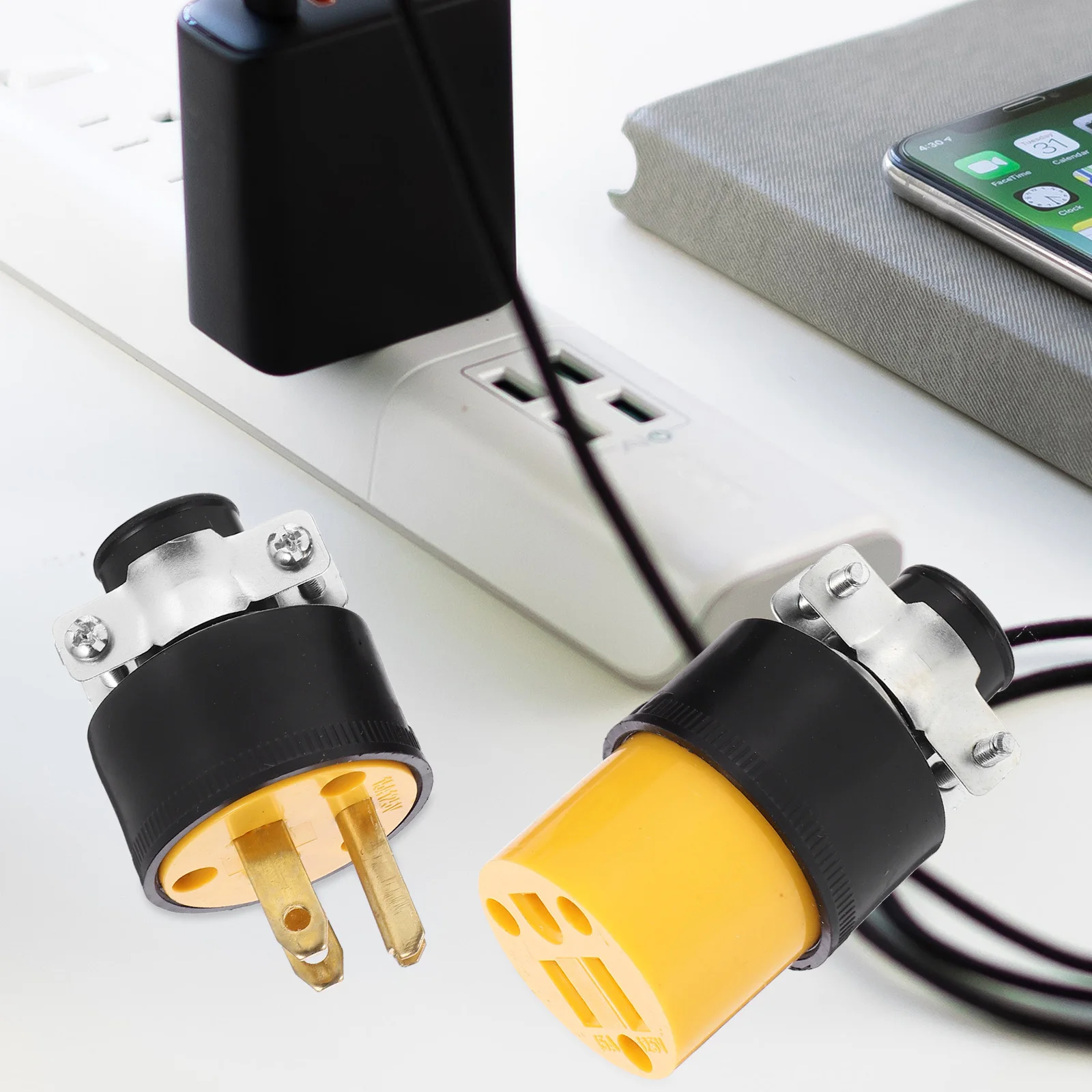 

1Set Extension Cord End Grounding Replacement Connector Male Female Electrical Plug Connector Durable ABS Copper