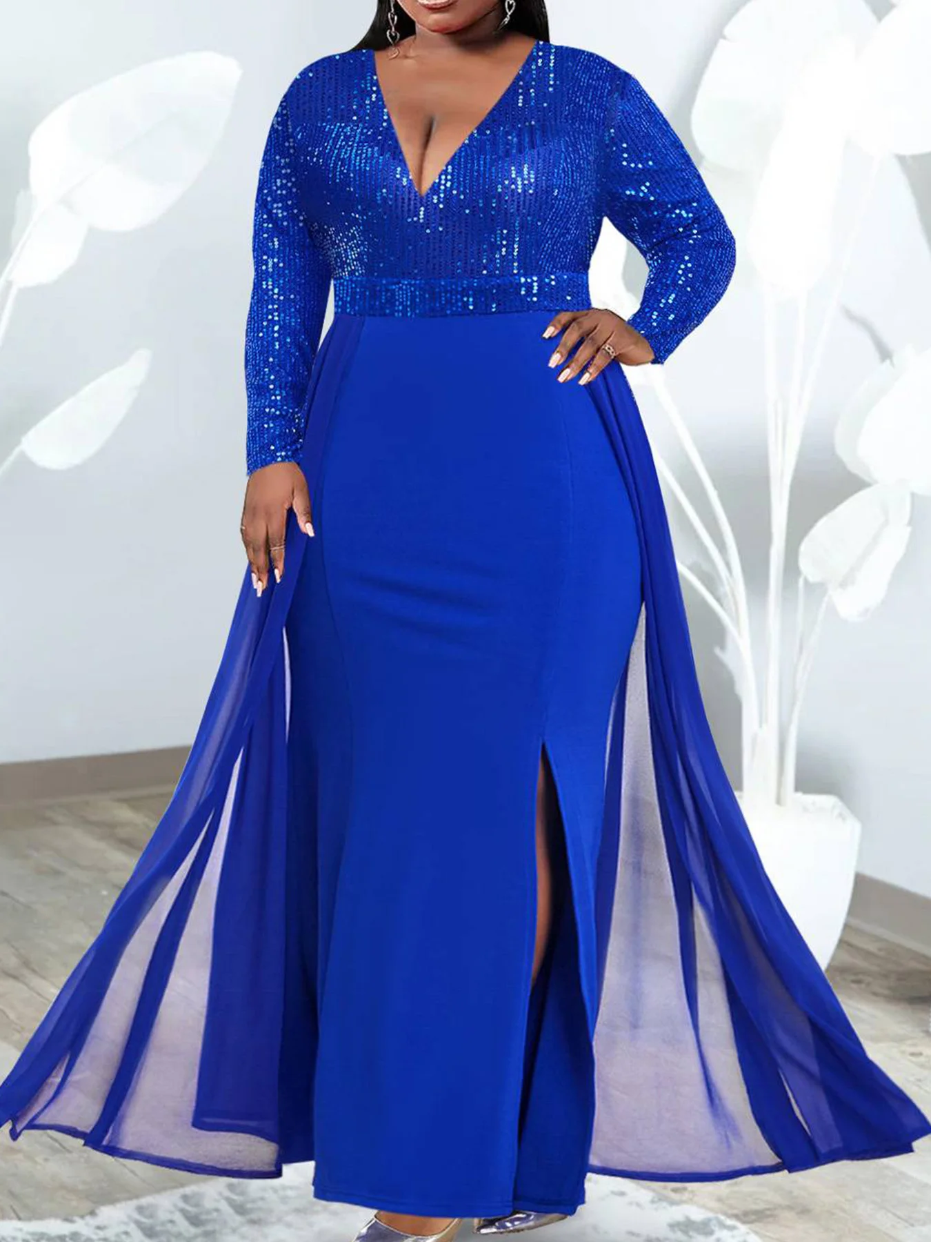 Women Plus Size Sequin Maxi Dress V Neck Long Sleeve High Split Overlay Formal Evening Gown Wedding Guest Party Elegant Dress