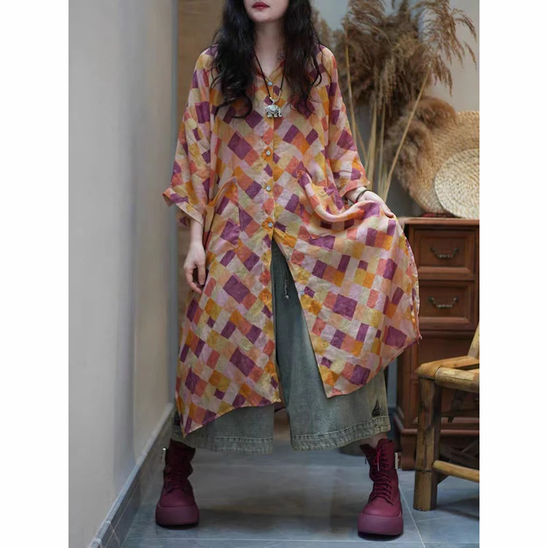 

New Arrival Summer Arts Style Women Stand Collar Loose Long Shirt Single Breasted Vintage Plaid Ramie Blouse Tops Good Quality