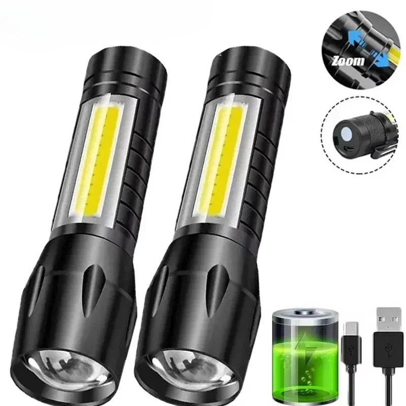 Lampe de poche Portable COB + LED pour Camping, Rechargeable par USB, Zoom, torche tactique, étanche, torche d'urgence, cadeau de noël