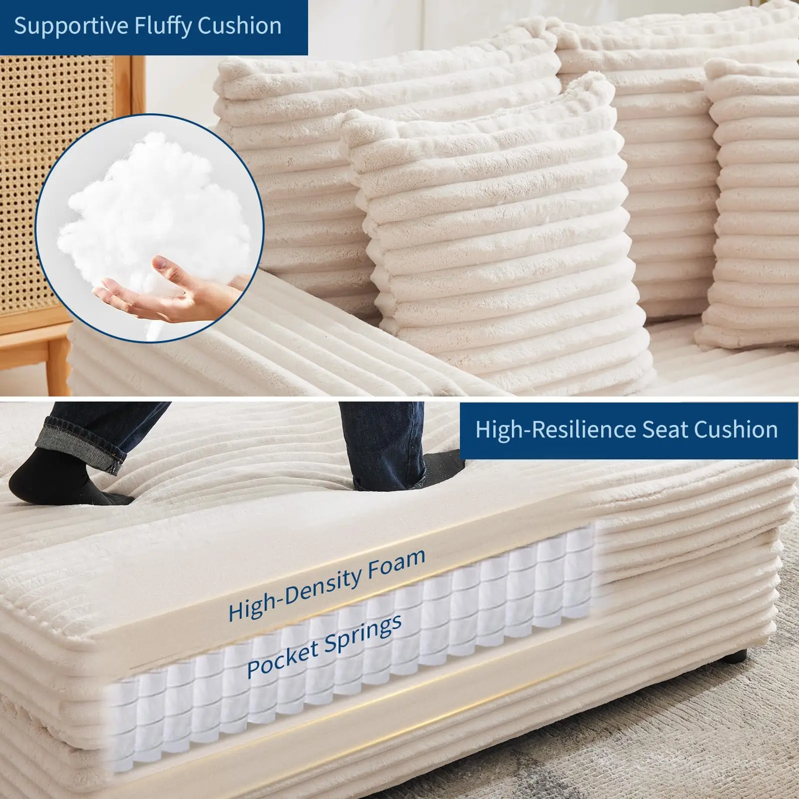 60 Inch Oversized Chaise Lounge Chair Corduroy Cloud Sofa Bed With USB Type C Port Cup Holders Pillows For Living Room Bedroom image 4