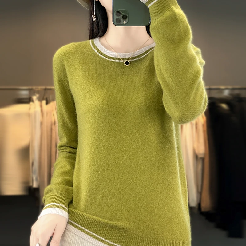 100% Merino Pure Wool Jumper Round Neck Color Pullover Wide Sweater AutumnWinter Long Sleeved Fashionable Knitted Top