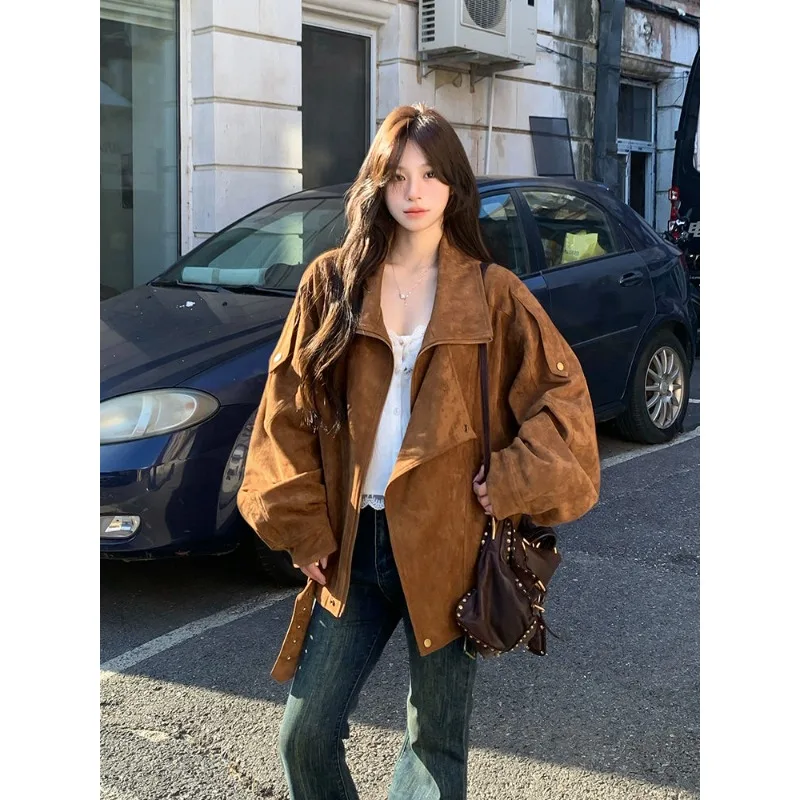 

Suede Motorcycle Jacket 2025 Autumn Vintage Maillard Casual Loose and Lazy Lapel Silhouette Coat Female Clothing