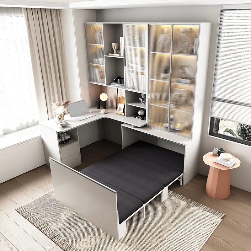 Multifunctional pull-out lunch break bed desk bookshelf combination corner bookcase invisible bed, study lunch break folding bed