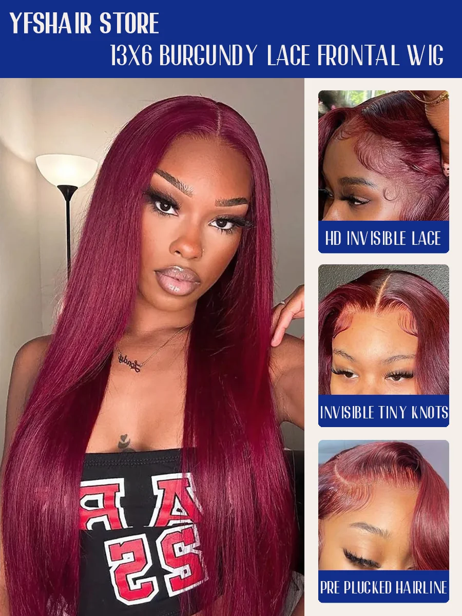 40 Inch Long-length & 200% High Density 99J Burgundy Bone Straight Wine Red Human Hair Wigs HD Transparent Skin-melt Swiss Lace Frontal Wig For Women