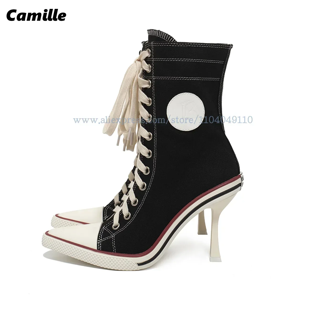 Retro Canvas Front Lace Up Sports High Heel Boots 2025 Mixed Color Mid Calf Casual Boots Pointed Toe Inner Zipper Modren Boots
