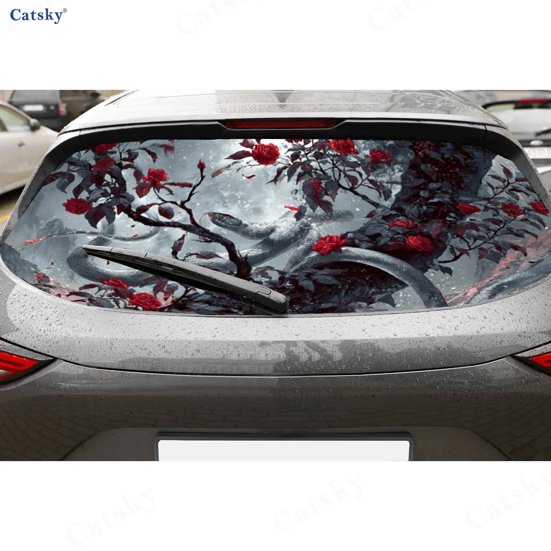 

Mystical White Snake Red Rose PVC Perforated Car Rear Window Vinyl Wraps, Durable Waterproof Car Rear Windshield Sticker