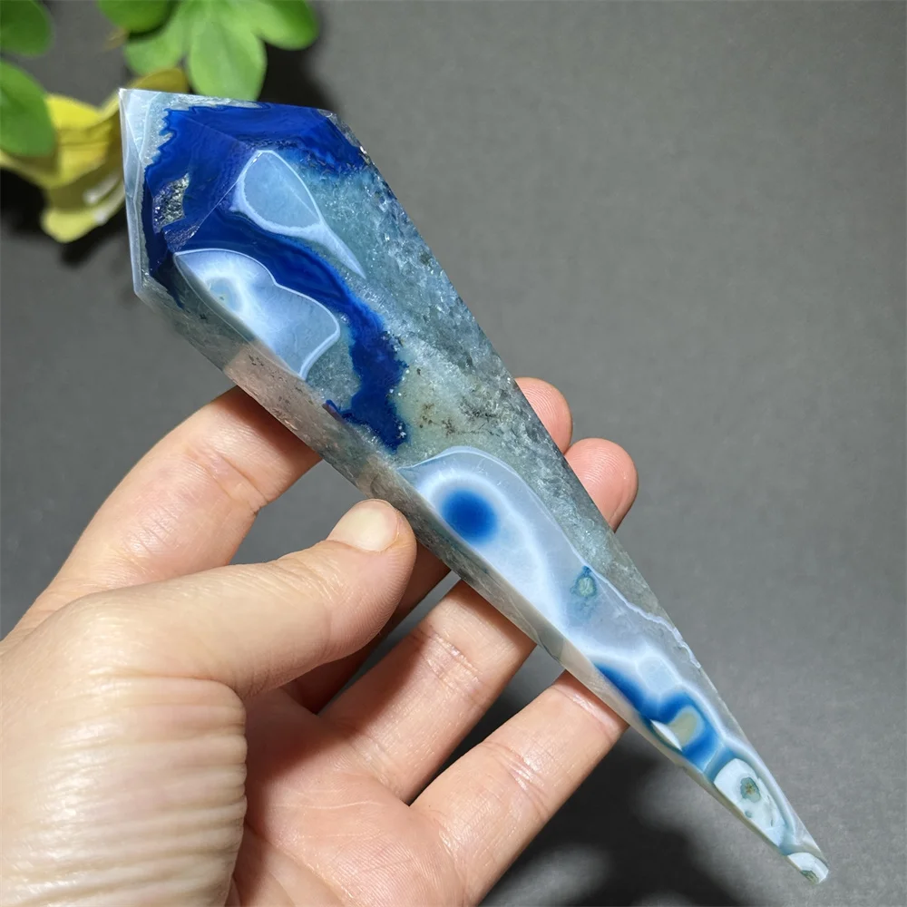 Natural Blue Agate Scepter Mineral Gem Reiki Spiritual Therapy Meditation Witchcraft Energy Home Garden Decoration Gift