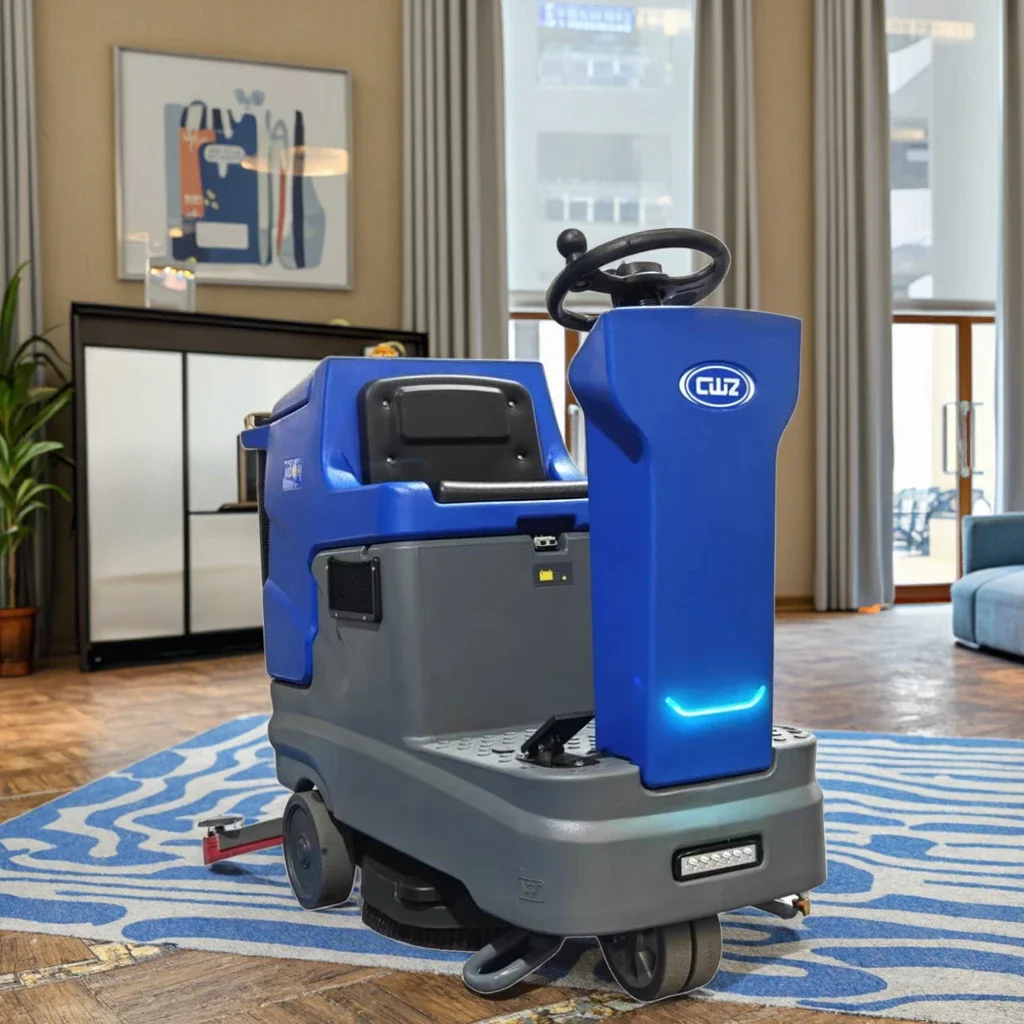 Electric Ride-On Floor Scrubber with Efficient and Flexible Charging Internal and External Options Including Garbage Filter