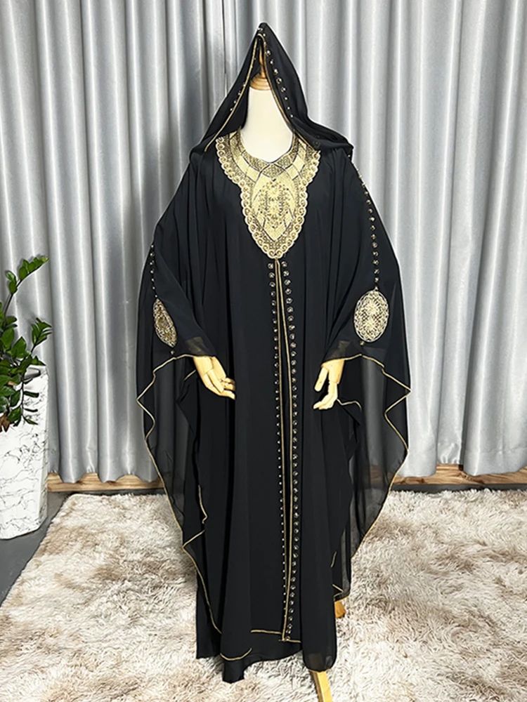 Fashion Hooded Beading Abaya Muslim Kimono Dresses Women Batwing Sleeves Diamond Boubou Dubai Turkey Kaftan Arab Black Robes