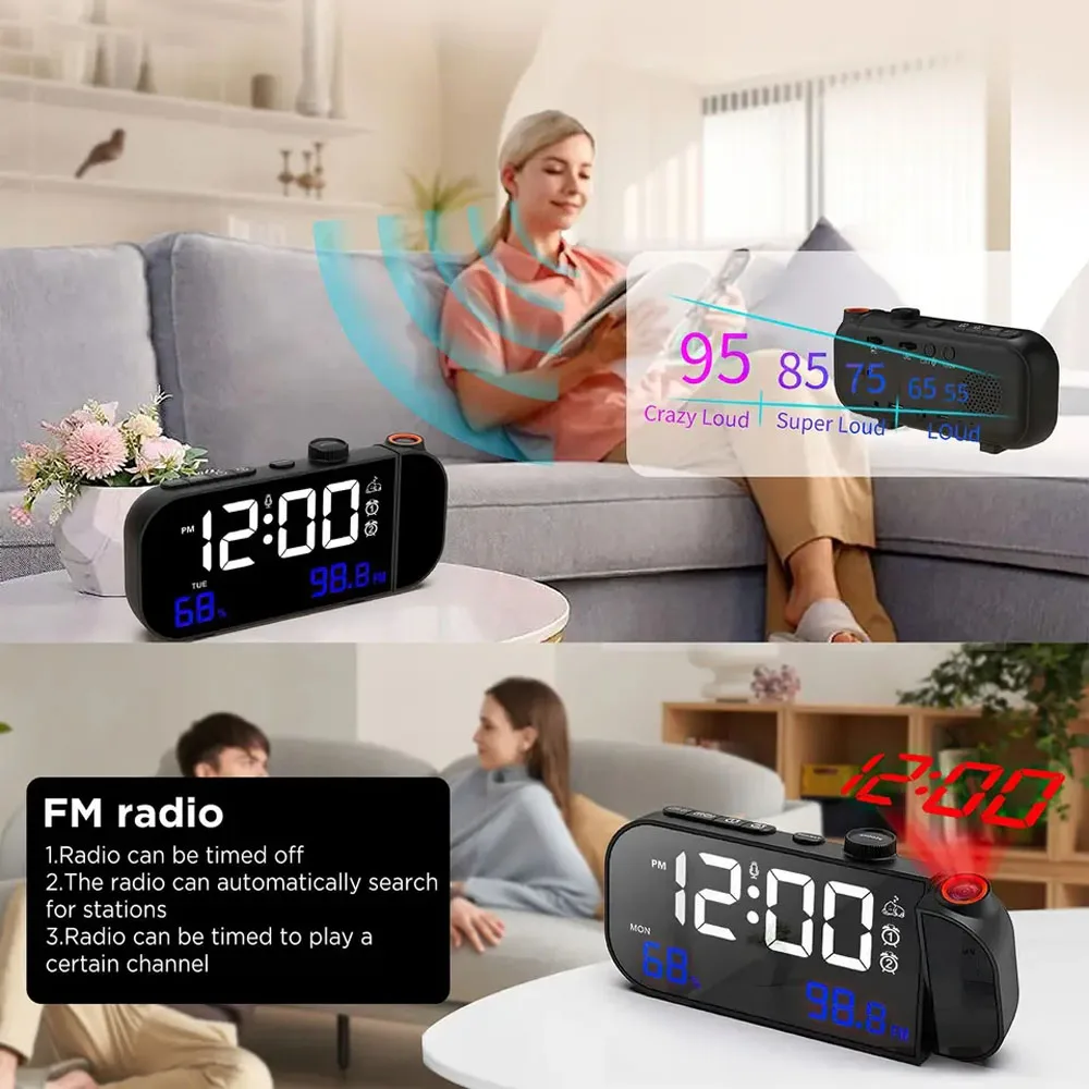 Digital Projection Alarm Clock with FM Radio, Temperature and Humidity display. Smart Sound Control Light Up Function. Gift Idea