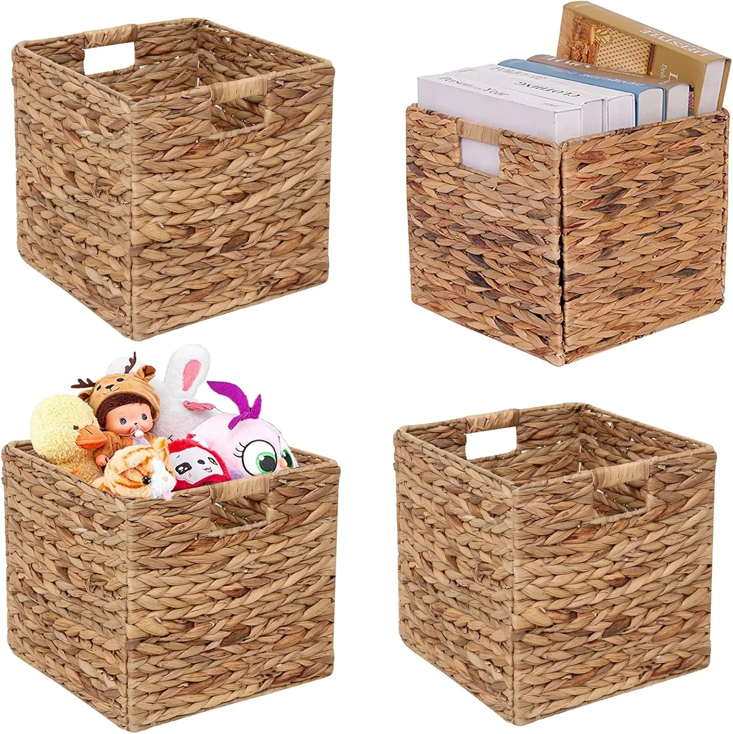 Storage Baskets Wicker Cube Baskets Foldable Handwoven Water Hyacinth Laundry Organizer,Set of 4 pcs Baskets-11x11x11inch